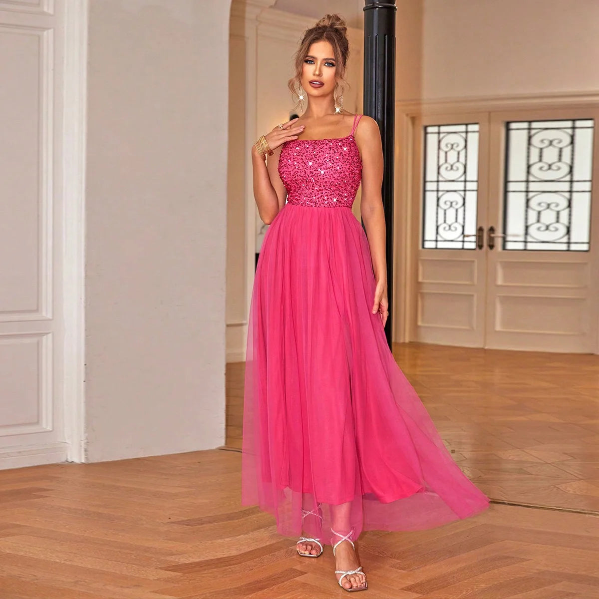 Women's Spaghetti Strap Sequin Lace Evening Dress – Sexy Split Prom Maxi Dress for Formal Cocktail Party