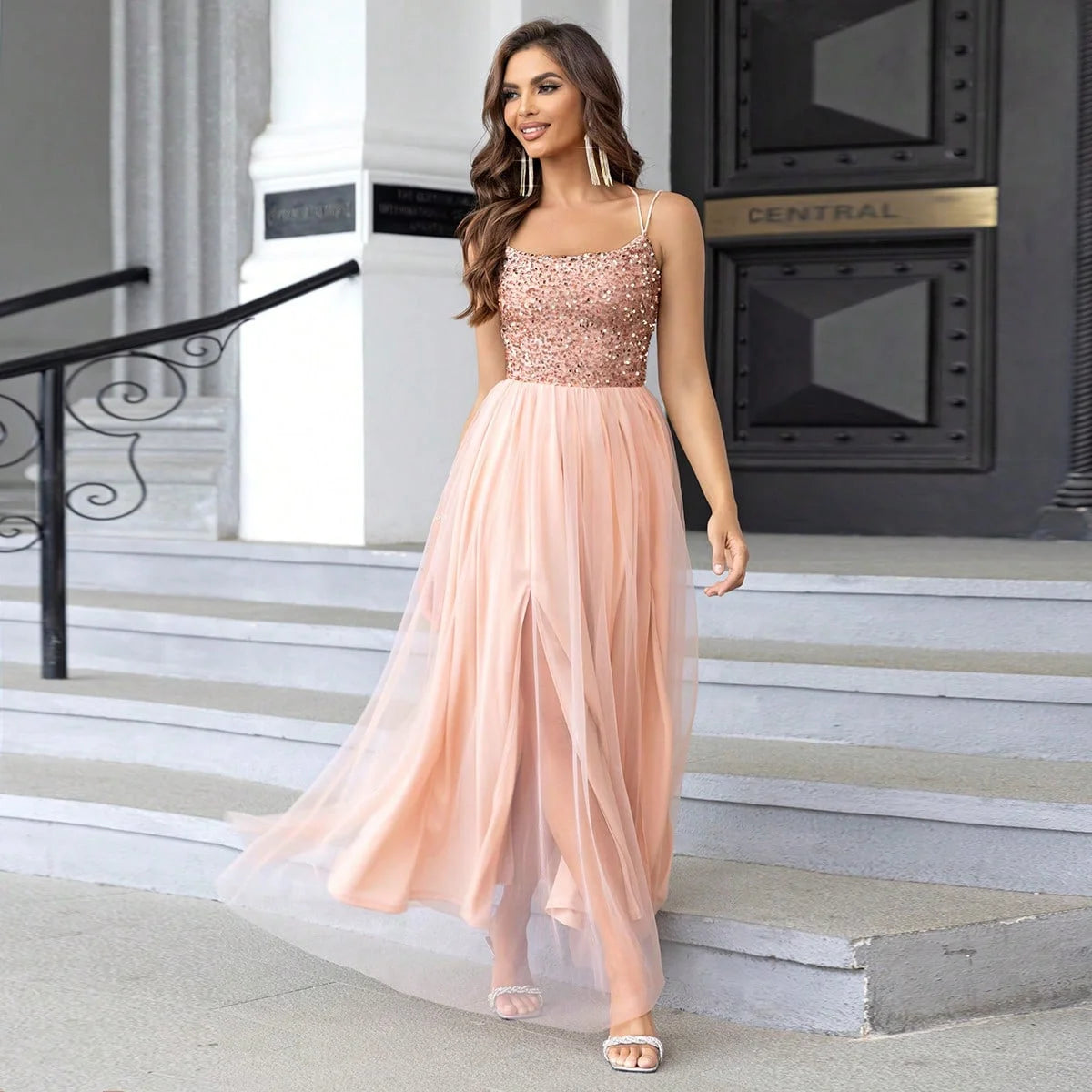 Women's Spaghetti Strap Sequin Lace Evening Dress – Sexy Split Prom Maxi Dress for Formal Cocktail Party
