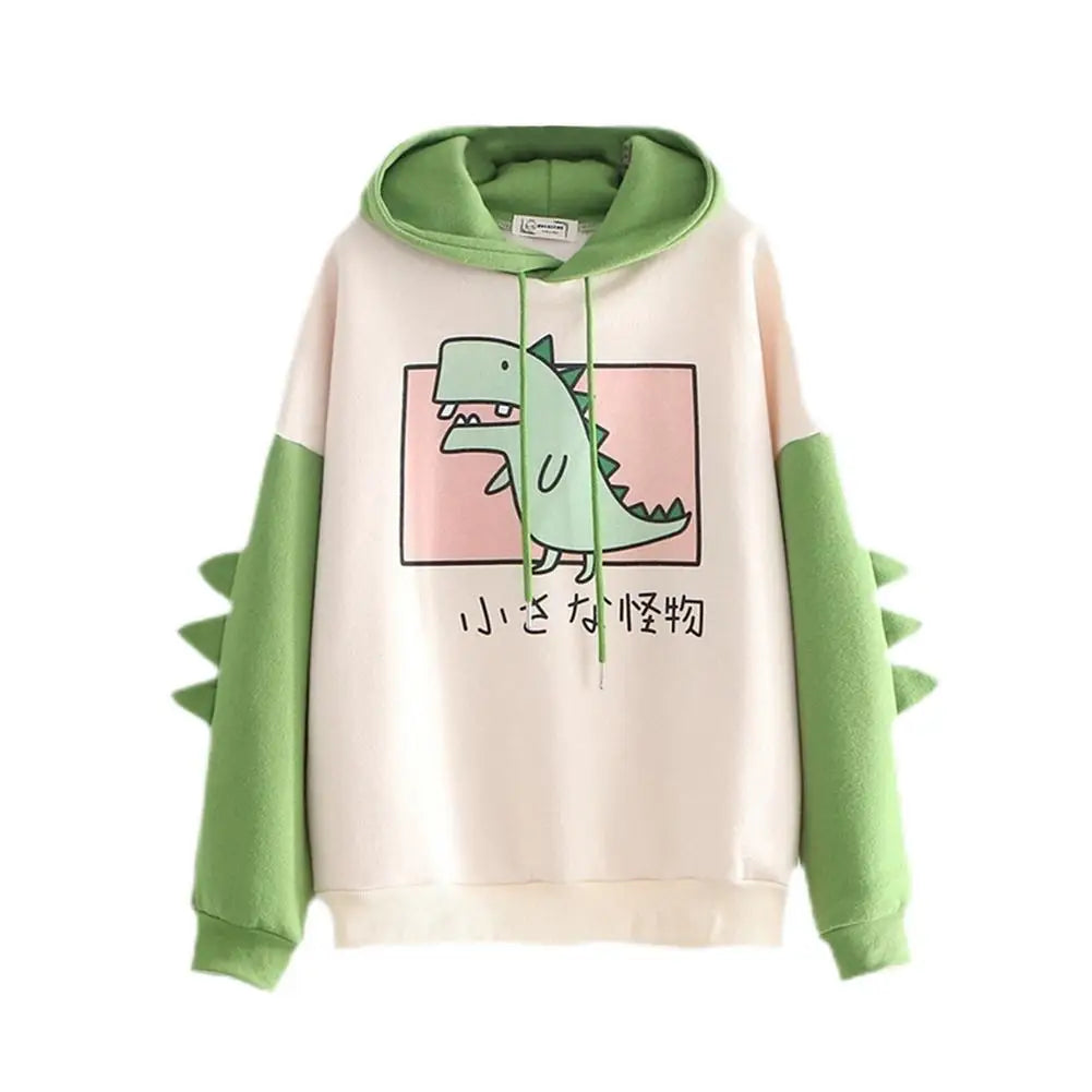 Cute Dinosaur Cartoon Hoodie Women Fashion Sweatshirt Casual Print Long Sleeve Korean Style Splice Tops Kawaii Clothes