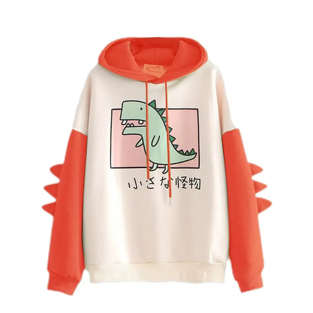 Cute Dinosaur Cartoon Hoodie Women Fashion Sweatshirt Casual Print Long Sleeve Korean Style Splice Tops Kawaii Clothes
