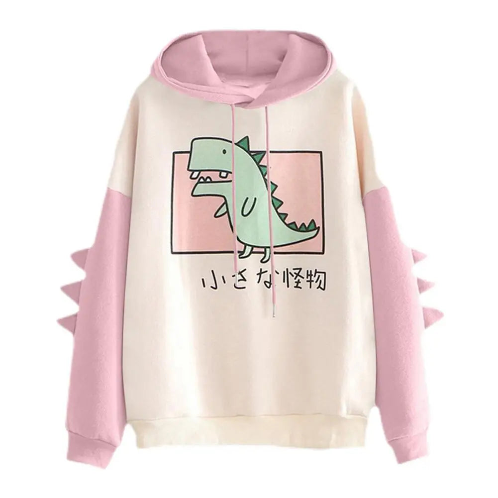 Cute Dinosaur Cartoon Hoodie Women Fashion Sweatshirt Casual Print Long Sleeve Korean Style Splice Tops Kawaii Clothes