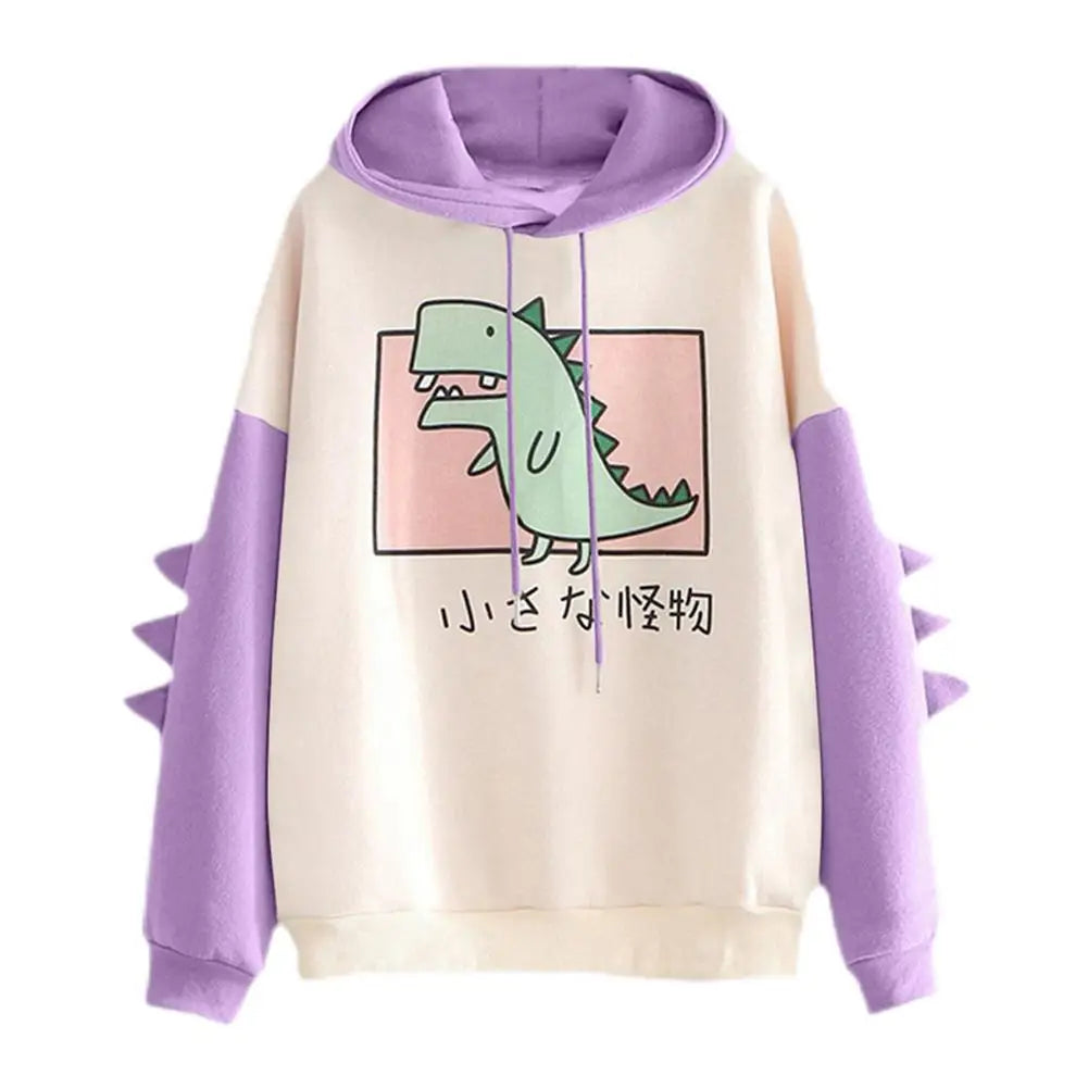 Cute Dinosaur Cartoon Hoodie Women Fashion Sweatshirt Casual Print Long Sleeve Korean Style Splice Tops Kawaii Clothes