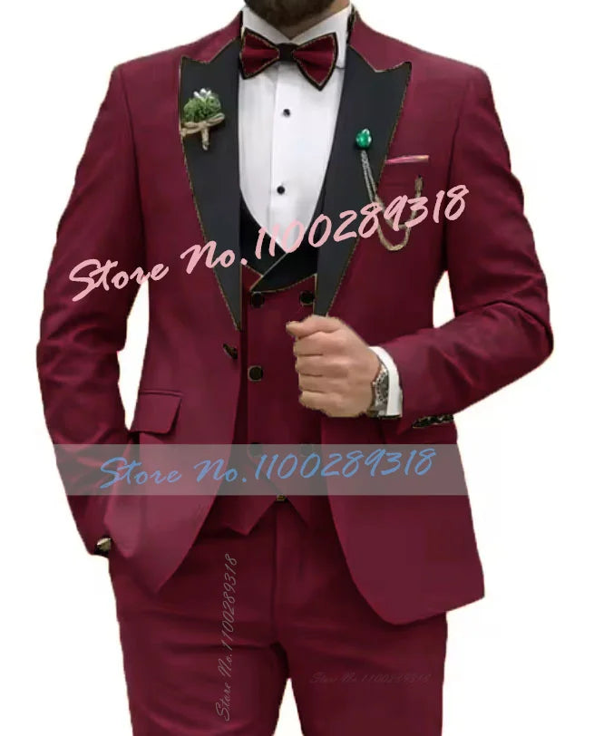 Beige Business Men Suits Costume Homme Slim Fit 3 Piece Double Breasted Suit Men Wedding Prom Party Business(Blazer+Vest+Pants)