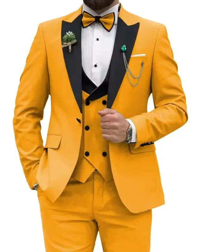 Beige Business Men Suits Costume Homme Slim Fit 3 Piece Double Breasted Suit Men Wedding Prom Party Business(Blazer+Vest+Pants)