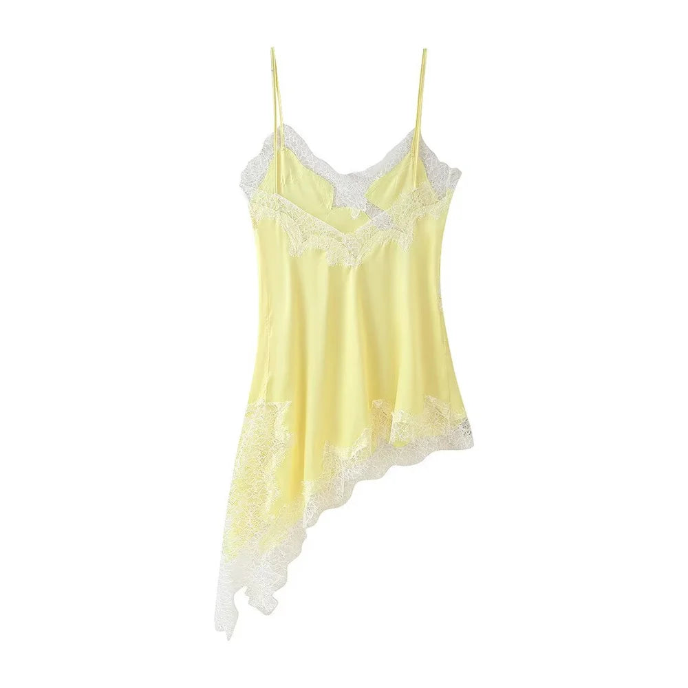 UNIZERA Women's Two tone Lace Asymmetric Dress with Chest Makeup for Spring and Summer New Women's Clothing