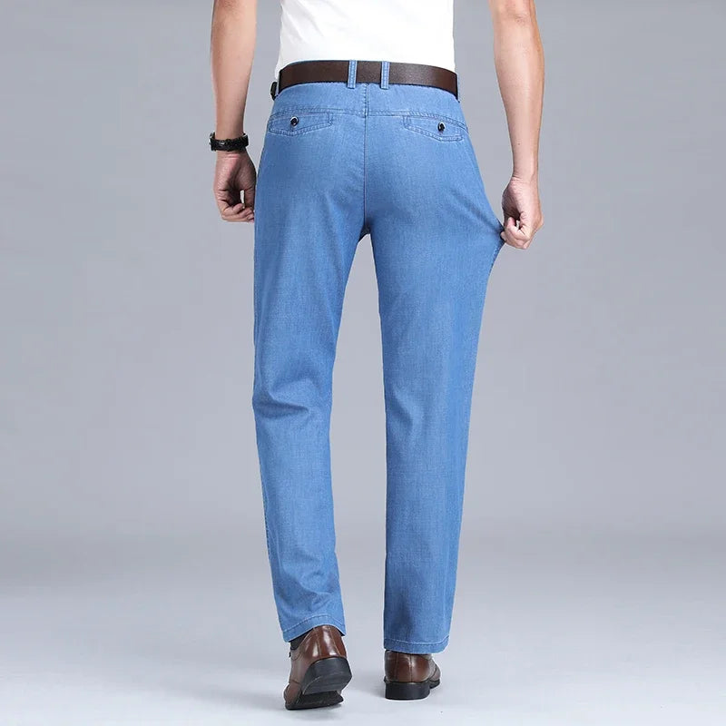 2025 Spring Summer New Men's Thin Light Blue Loose Jeans Business Fashion Lyocell Fabric Stretch Denim Trousers Male Brand Pants