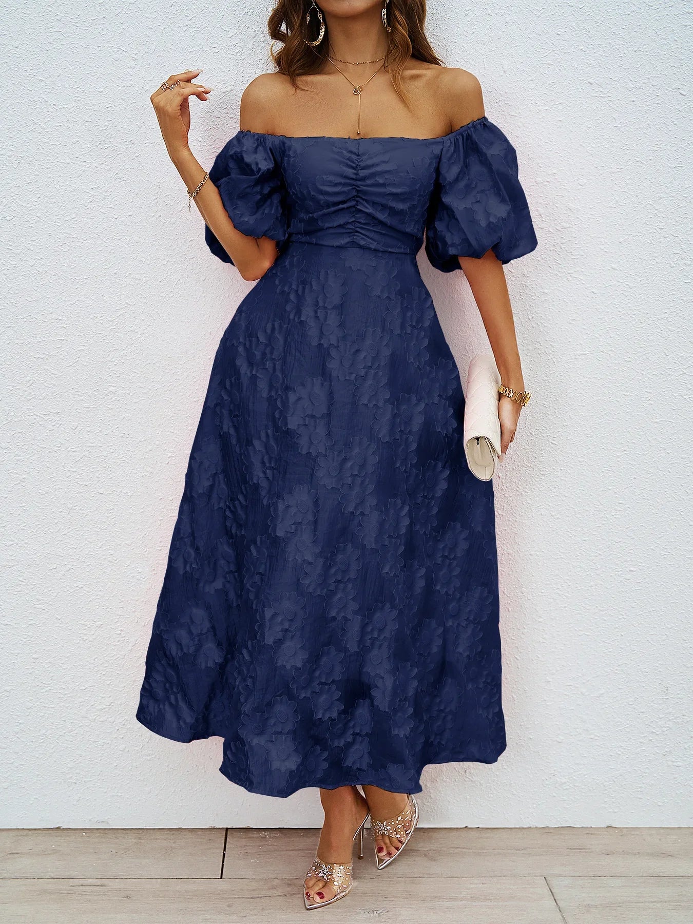 Women's Dress Summer New French Puffy Long Skirt with Bubble Sleeves and Waist Style Dress,jacquard,to Win Over,2025 New
