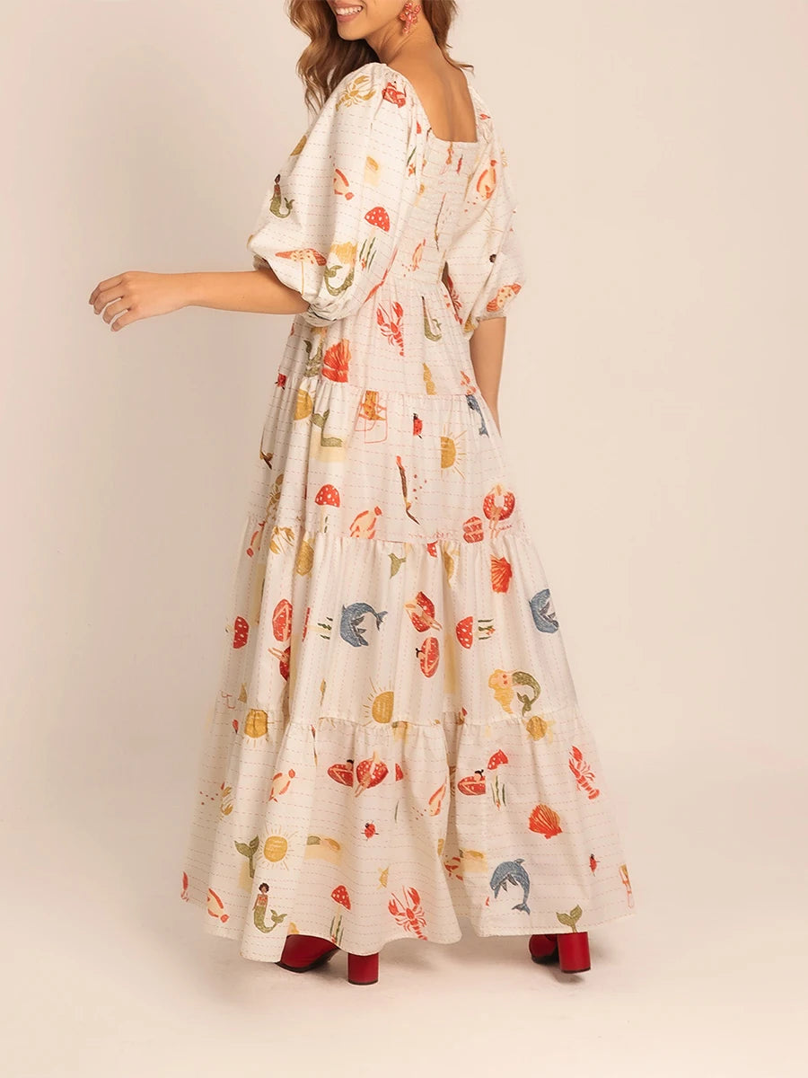Women s Maxi Dress with Tropical Print Short Sleeve Square Neckline Summer Dress Casual A-line Beach Dress with Oceanic Design