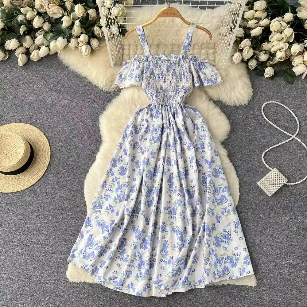 YuooMuoo Romantic Floral Print Long Summer Dress Women Fashion Off Shoulders Straps Vacation Beach Dress Korean Party Vestidos