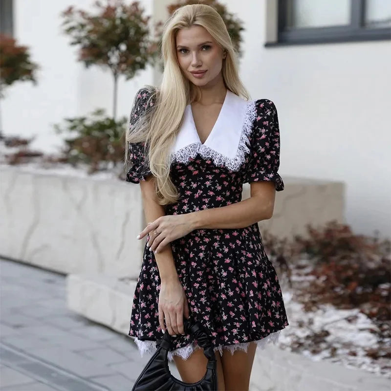 Fresh Summer New Women's Short Skirt Dress Lace Print Doll Collar Belted Mini Empire Waist Princess Sleeve China Origin
