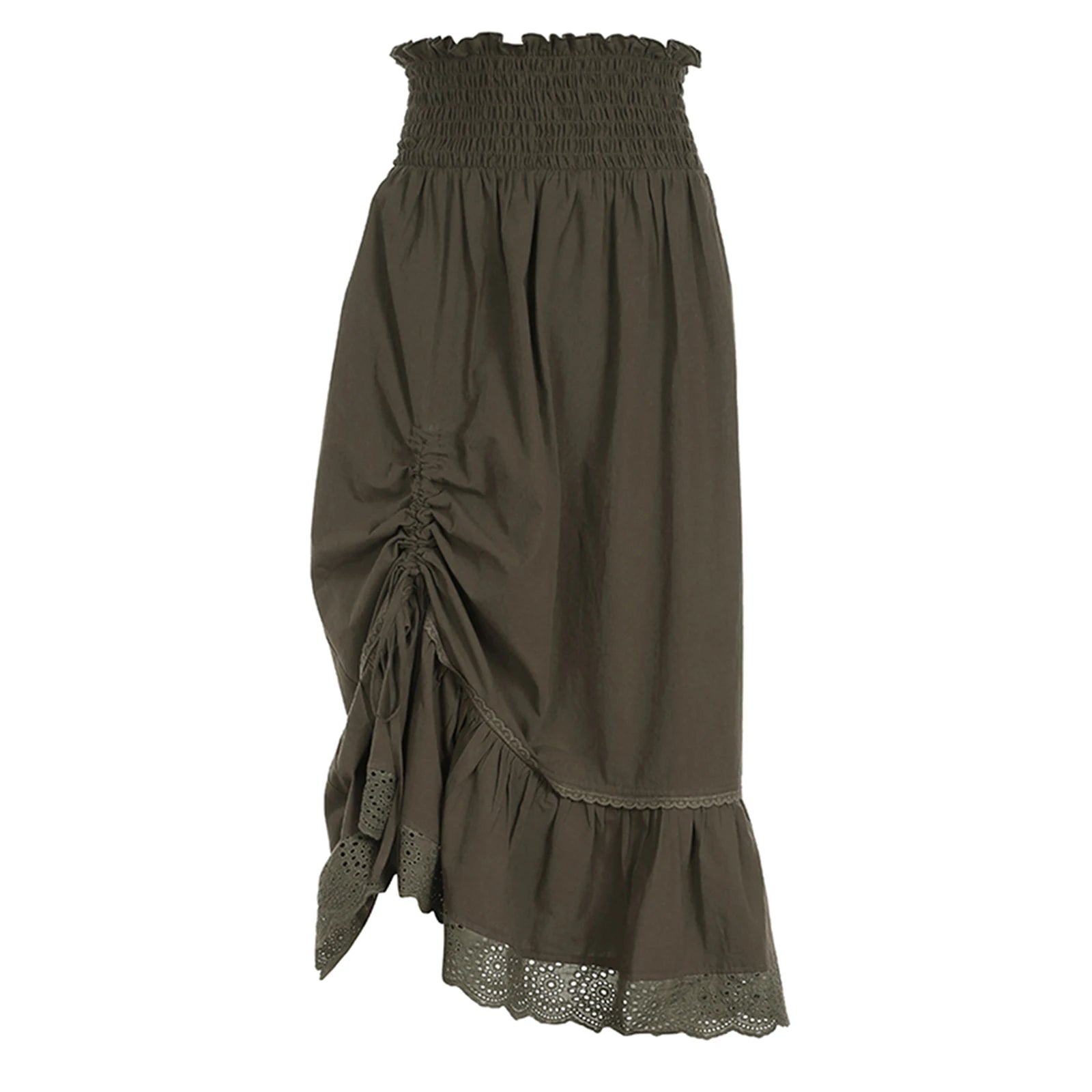 Women Long Skirt Vintage Elastic Waist Lace Patchwork Drawstring Summer Skirt Streetwear