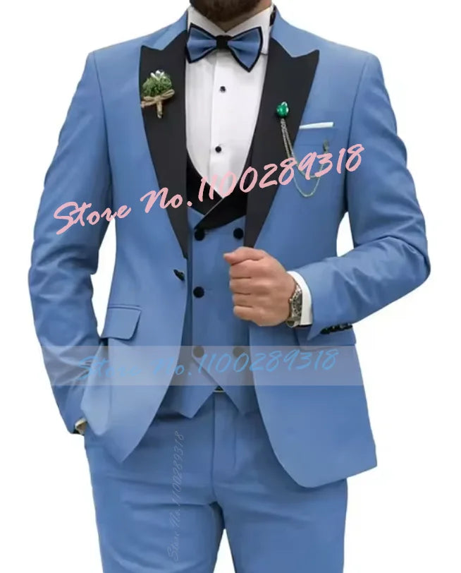 Beige Business Men Suits Costume Homme Slim Fit 3 Piece Double Breasted Suit Men Wedding Prom Party Business(Blazer+Vest+Pants)