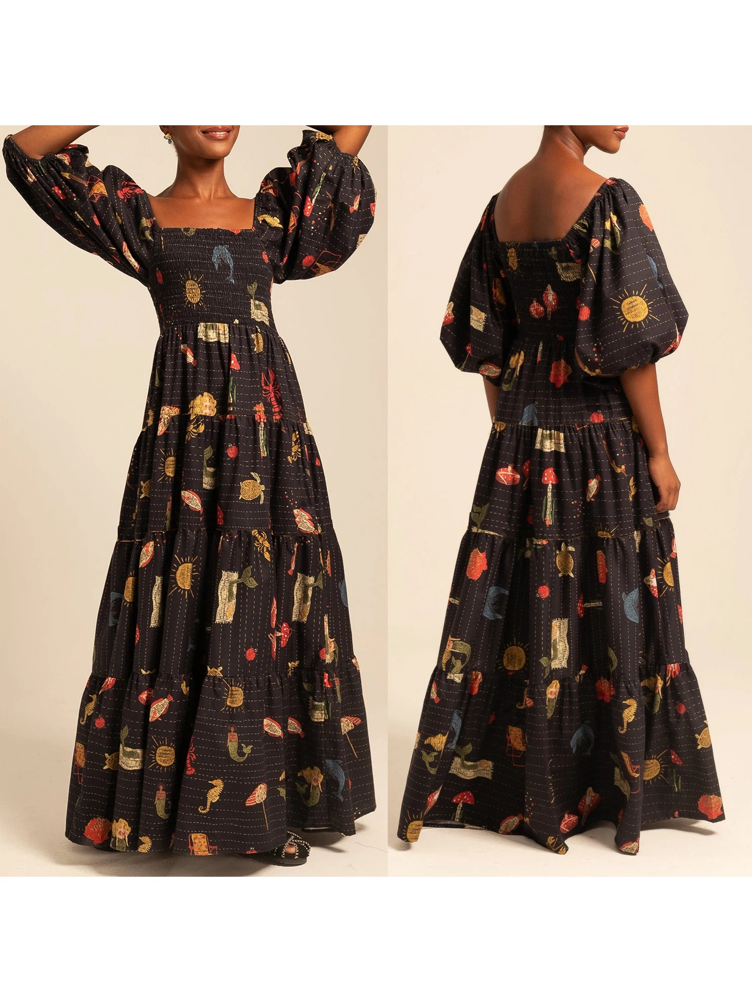 Women s Maxi Dress with Tropical Print Short Sleeve Square Neckline Summer Dress Casual A-line Beach Dress with Oceanic Design