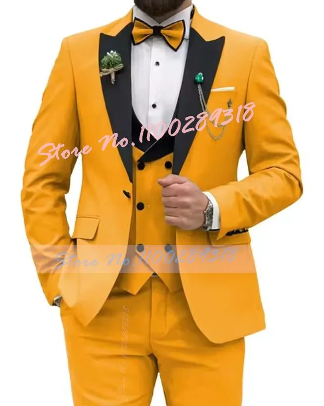 Beige Business Men Suits Costume Homme Slim Fit 3 Piece Double Breasted Suit Men Wedding Prom Party Business(Blazer+Vest+Pants)