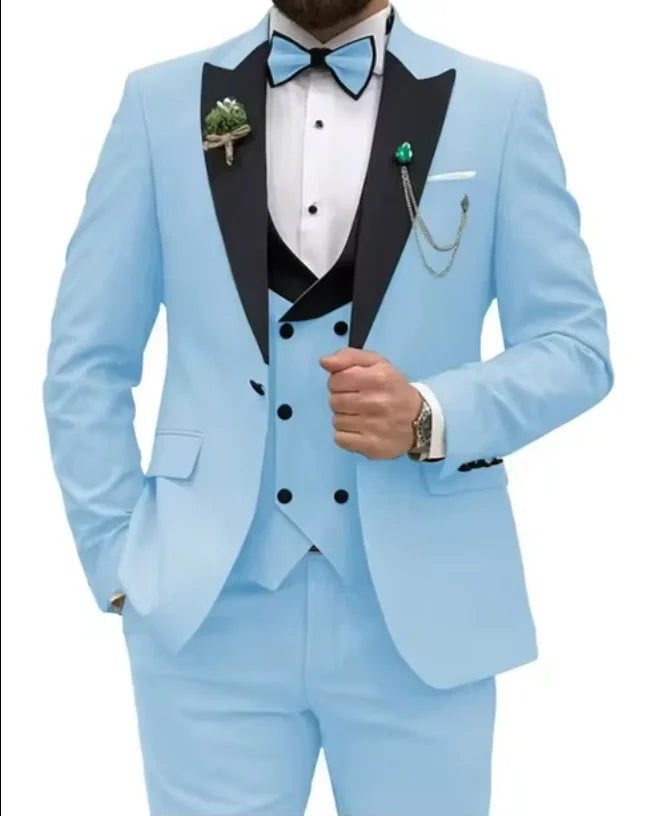 Beige Business Men Suits Costume Homme Slim Fit 3 Piece Double Breasted Suit Men Wedding Prom Party Business(Blazer+Vest+Pants)