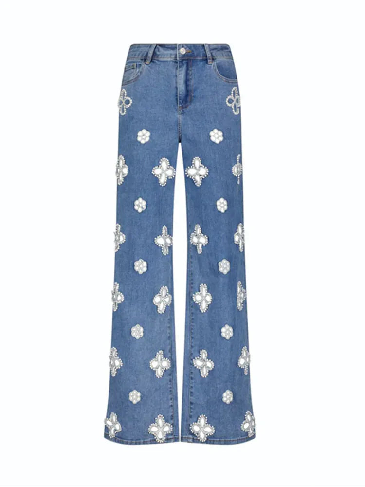 Casual Hollow Out Jeans Women Solid Straight Wide Leg Trousers Female 2025 Summer Autumn Fashion High Street Pants Lady Bottoms