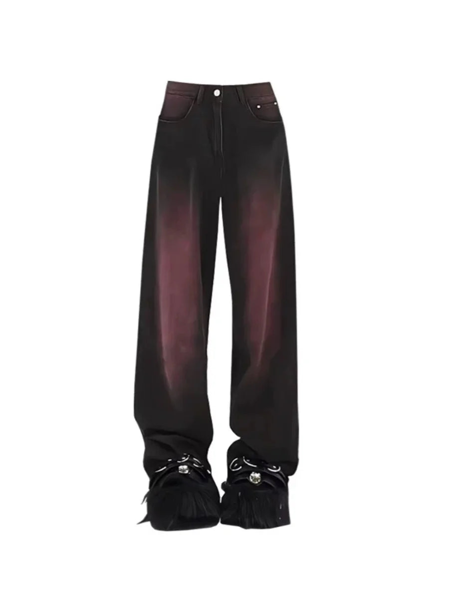 High Waist Tie Dye Denim Jeans Women's Autumn Winter plus Size Straight Leg adual Color Blo Wide Leg Pants
