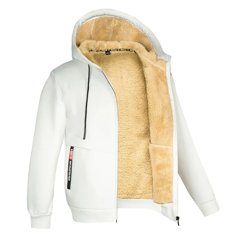 Trendy Sweatshirt Coat Front Pockets Warm Zipper Lamb Wool Jacket Men and Woman Winter Pure Color Plush Lined Cardigan Hoodie