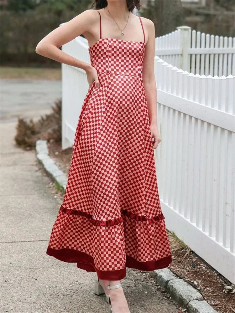 Women's Long Cami Dress Spaghetti Strap Checkerboard Print Loose Flowy Dress Summer Bohemian Holiday Party Elegant Dresses