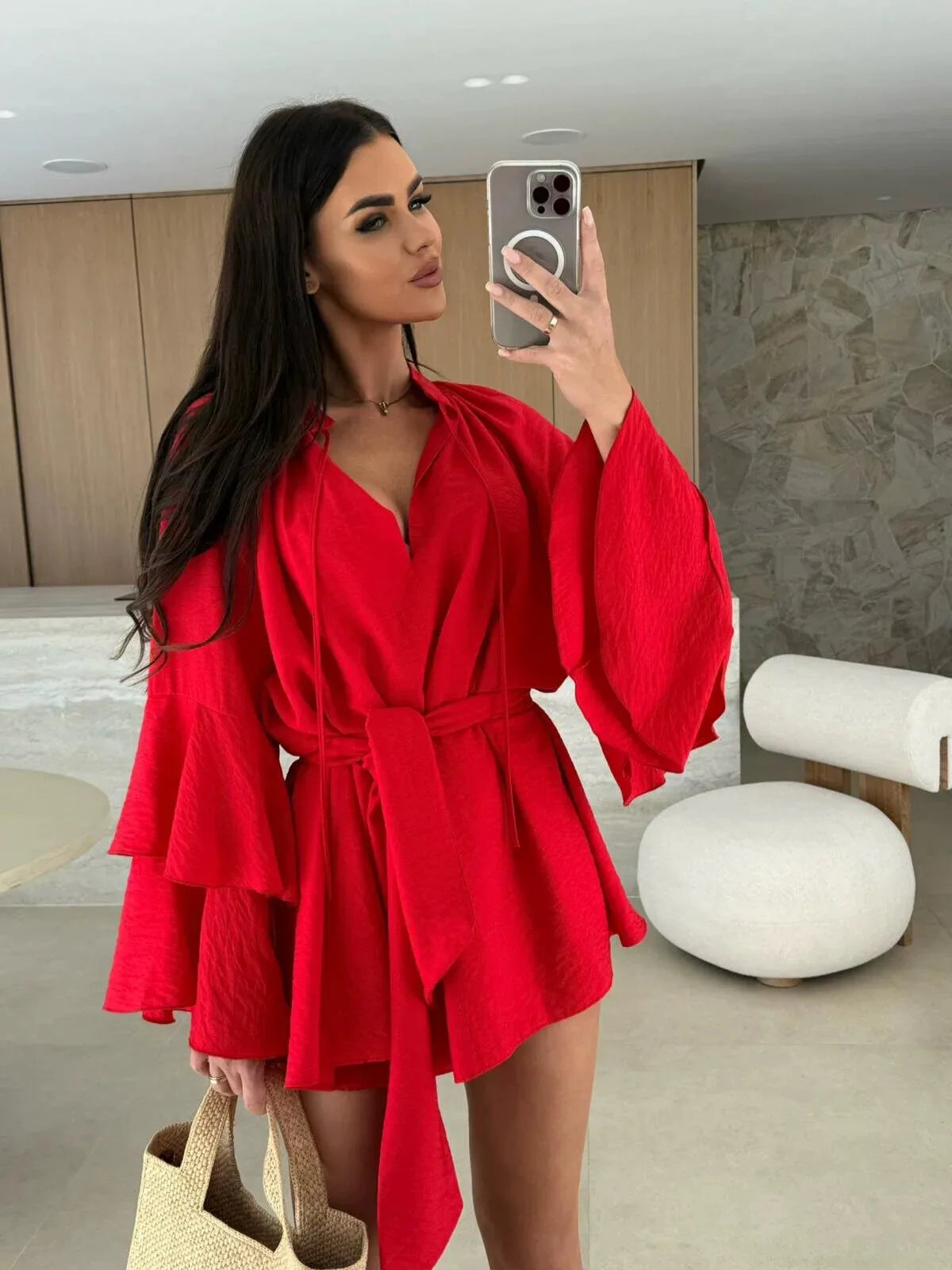 Sexy Deep V Lace Up Solid Color Women's Dress Spring Summer Ruffle Loose Mini Dress Casual Flare Sleeve Holiday Dresses Vestidos
