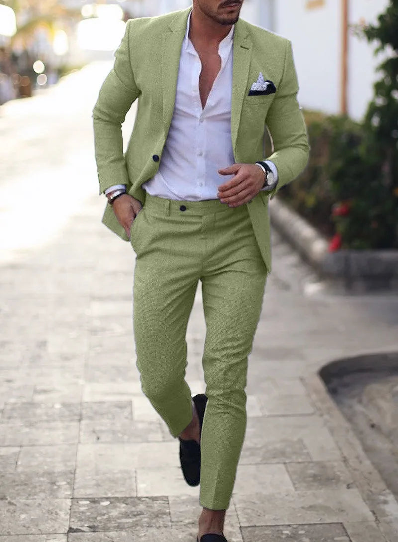 2025 Men's Suit Sets Fashion Party Formal Business Outfit Solid Tuxedo Single Button Blazer+Pants Wedding Groom Dress Two-pieces