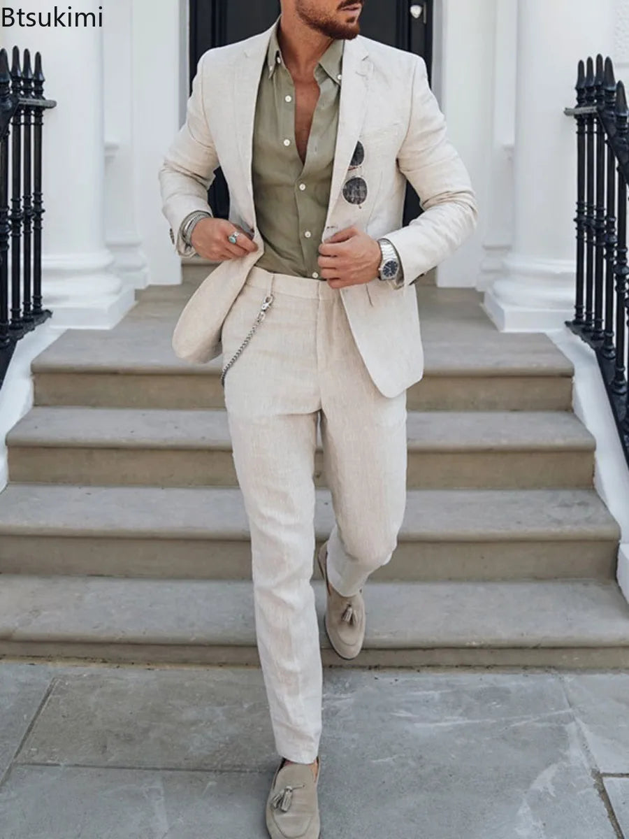 2025 Men's Suit Sets Fashion Party Formal Business Outfit Solid Tuxedo Single Button Blazer+Pants Wedding Groom Dress Two-pieces