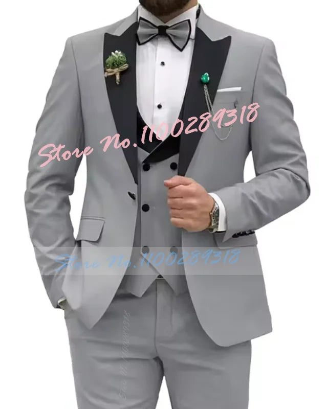Beige Business Men Suits Costume Homme Slim Fit 3 Piece Double Breasted Suit Men Wedding Prom Party Business(Blazer+Vest+Pants)