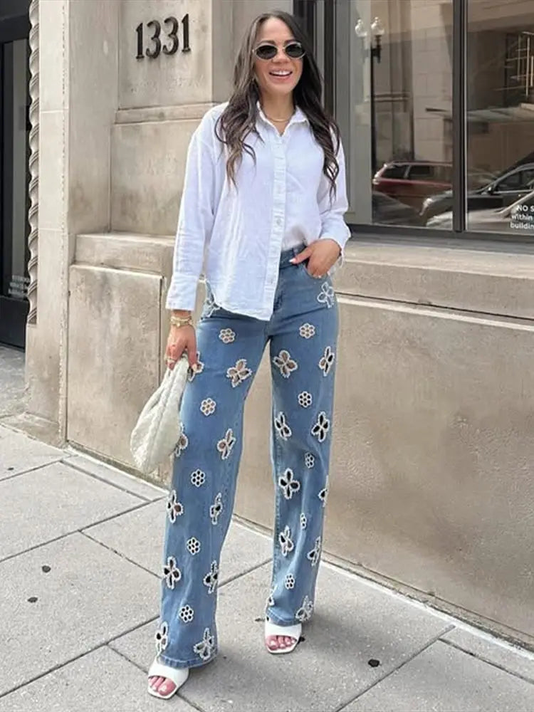 Casual Hollow Out Jeans Women Solid Straight Wide Leg Trousers Female 2025 Summer Autumn Fashion High Street Pants Lady Bottoms