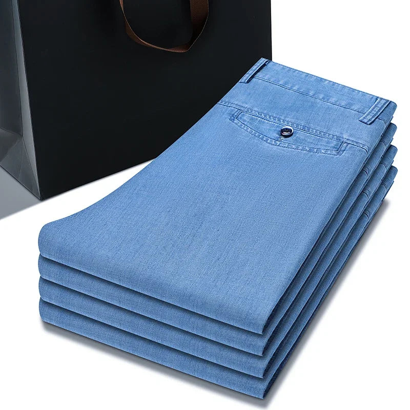 2025 Spring Summer New Men's Thin Light Blue Loose Jeans Business Fashion Lyocell Fabric Stretch Denim Trousers Male Brand Pants