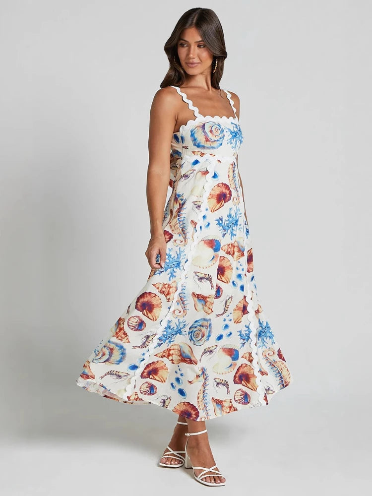 Printed Vacation Casual Maxi Dress European American Style New Dresses Halter Patchwork Dresses Floral Spliced Loose Fit Dress