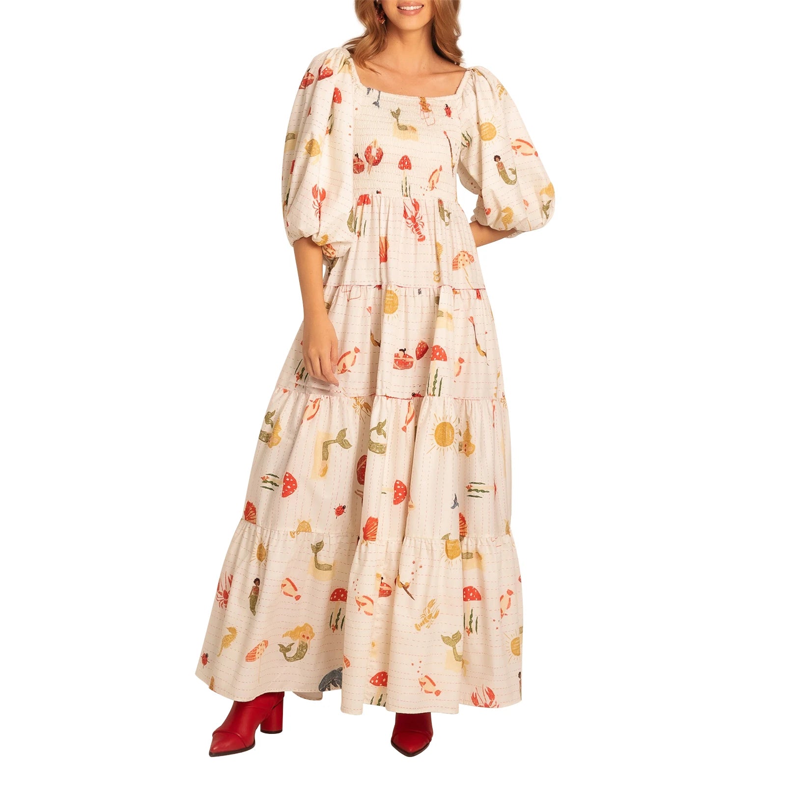 Women s Maxi Dress with Tropical Print Short Sleeve Square Neckline Summer Dress Casual A-line Beach Dress with Oceanic Design