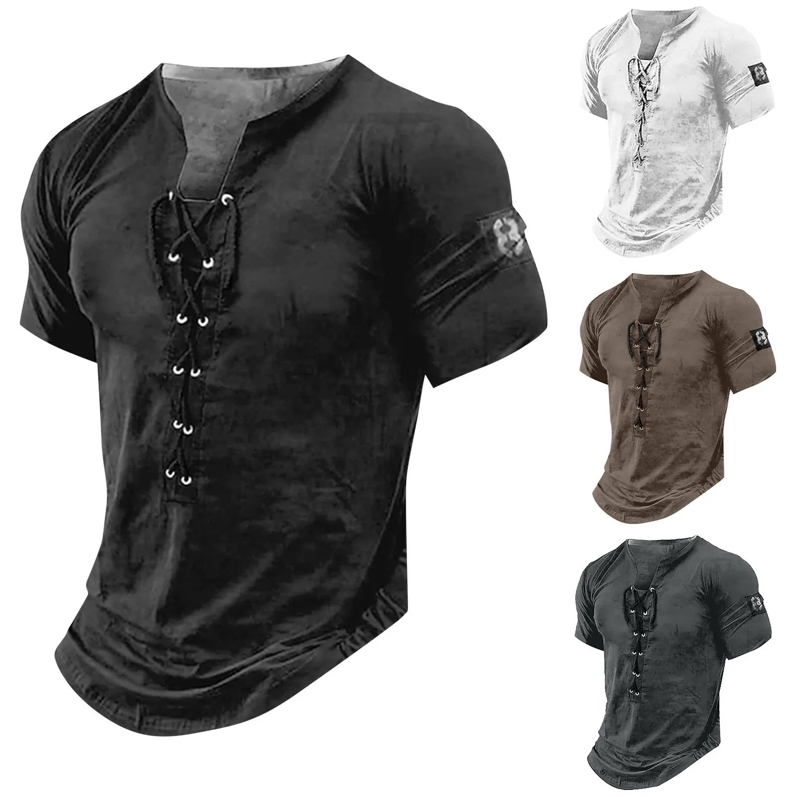 Men'S Short Sleeve T-Shirt Vintage Trend Graphic And Embroidered T-Shirt Drawstring Tie Classic Basic All-Match Tops