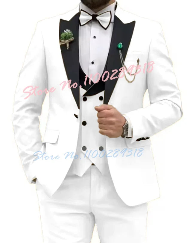 Beige Business Men Suits Costume Homme Slim Fit 3 Piece Double Breasted Suit Men Wedding Prom Party Business(Blazer+Vest+Pants)