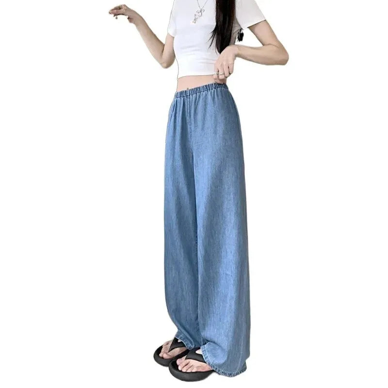 High Waist Wide Leg Thin Ice Silk Jeans Women Summer Loose Fit Large Size Straight Cut Floor Length Pants Korean Style