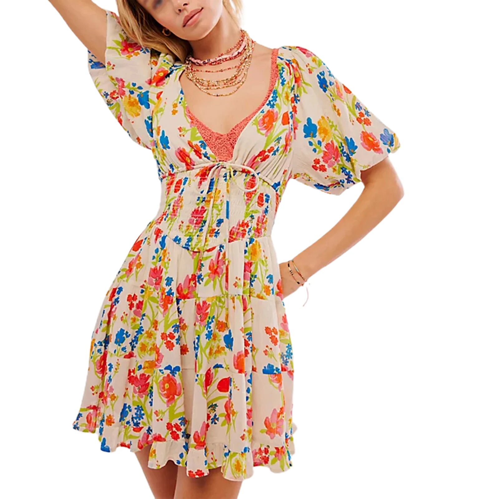 Women Mini Dress Floral Print Tie-Up Front Short Sleeve Dress Summer Casual A-line Dress