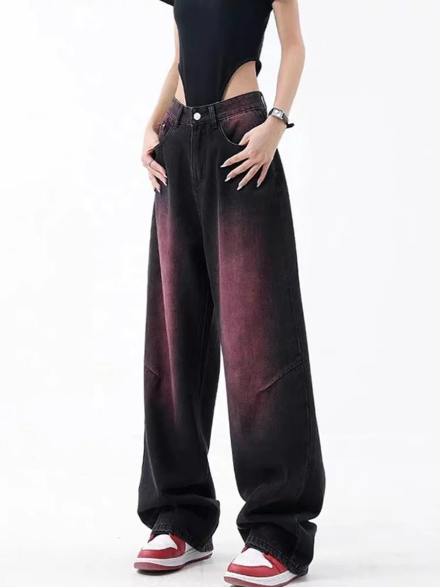 High Waist Tie Dye Denim Jeans Women's Autumn Winter plus Size Straight Leg adual Color Blo Wide Leg Pants