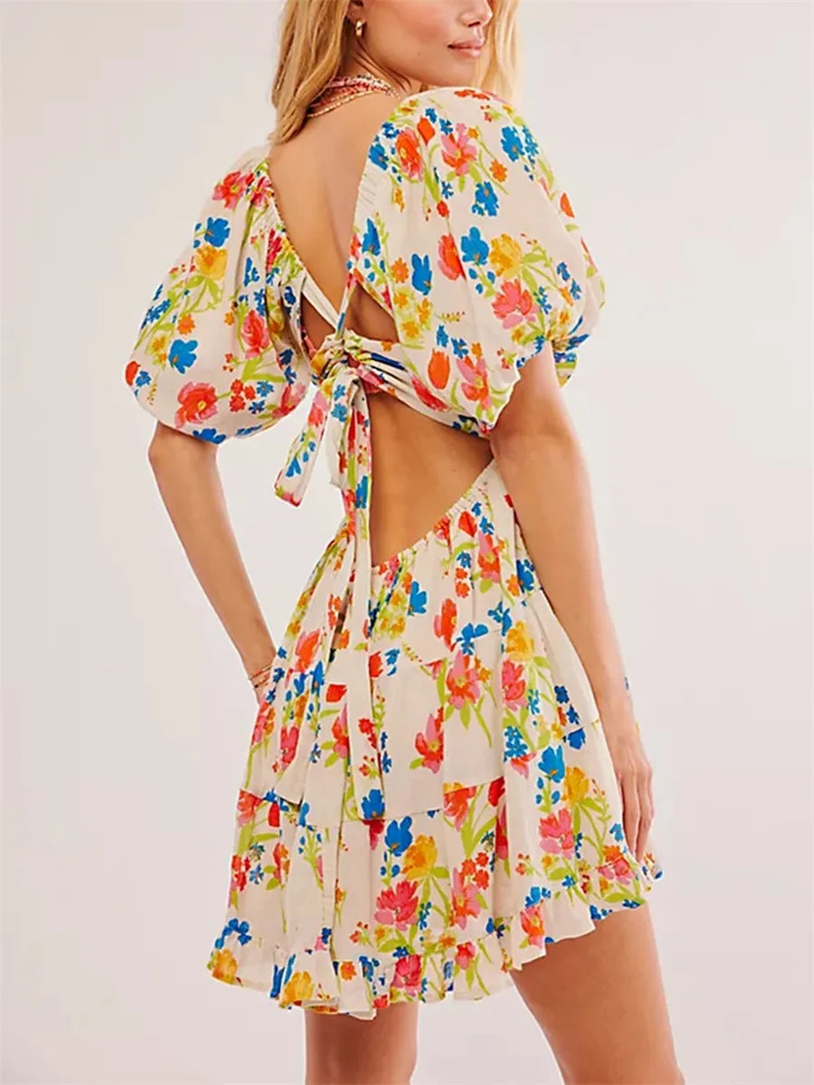 Women Mini Dress Floral Print Tie-Up Front Short Sleeve Dress Summer Casual A-line Dress