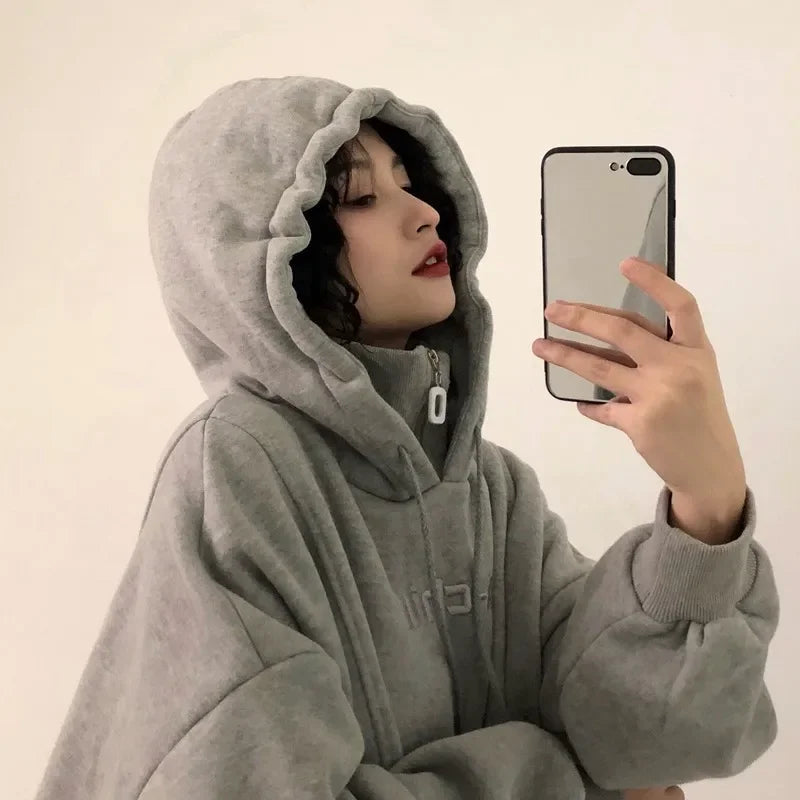 2024 Autumn Thick Warm Hooded Sweater Women Solid Color Loose Top Outerwear Simple Style Pullover Hooded Sweater Women