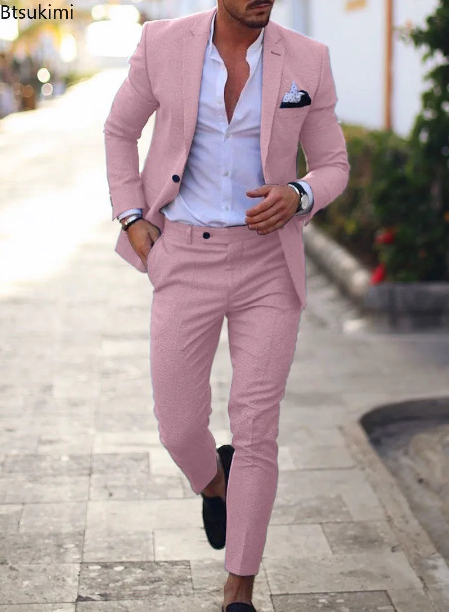 2025 Men's Suit Sets Fashion Party Formal Business Outfit Solid Tuxedo Single Button Blazer+Pants Wedding Groom Dress Two-pieces
