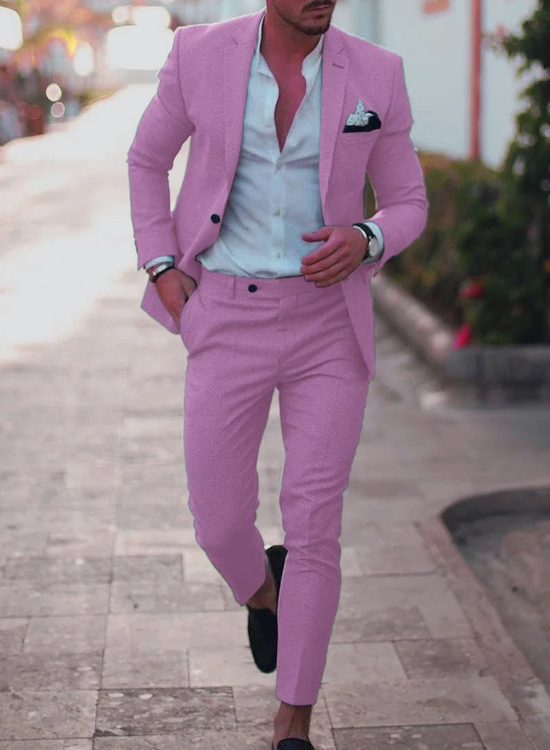 2025 Men's Suit Sets Fashion Party Formal Business Outfit Solid Tuxedo Single Button Blazer+Pants Wedding Groom Dress Two-pieces