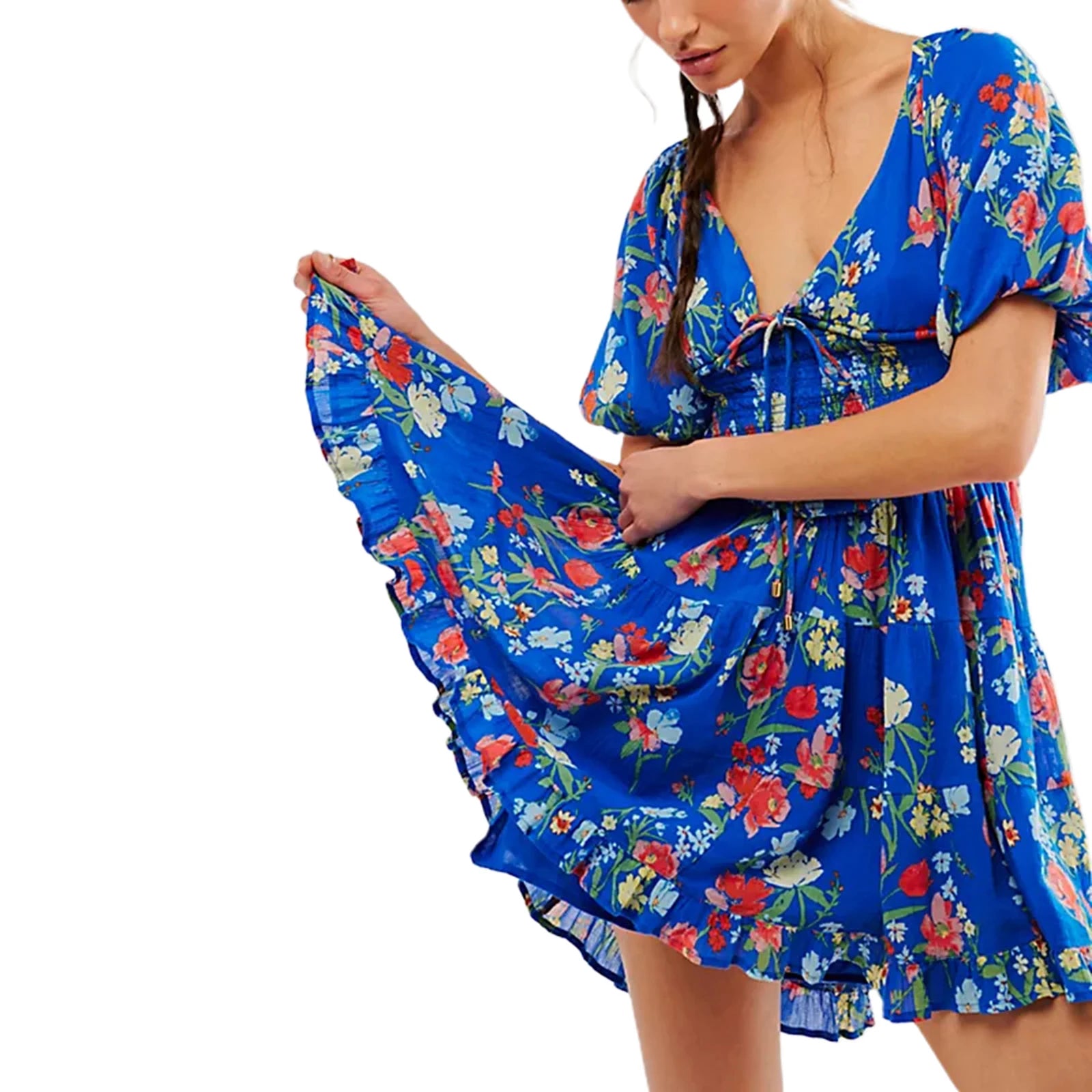 Women Mini Dress Floral Print Tie-Up Front Short Sleeve Dress Summer Casual A-line Dress