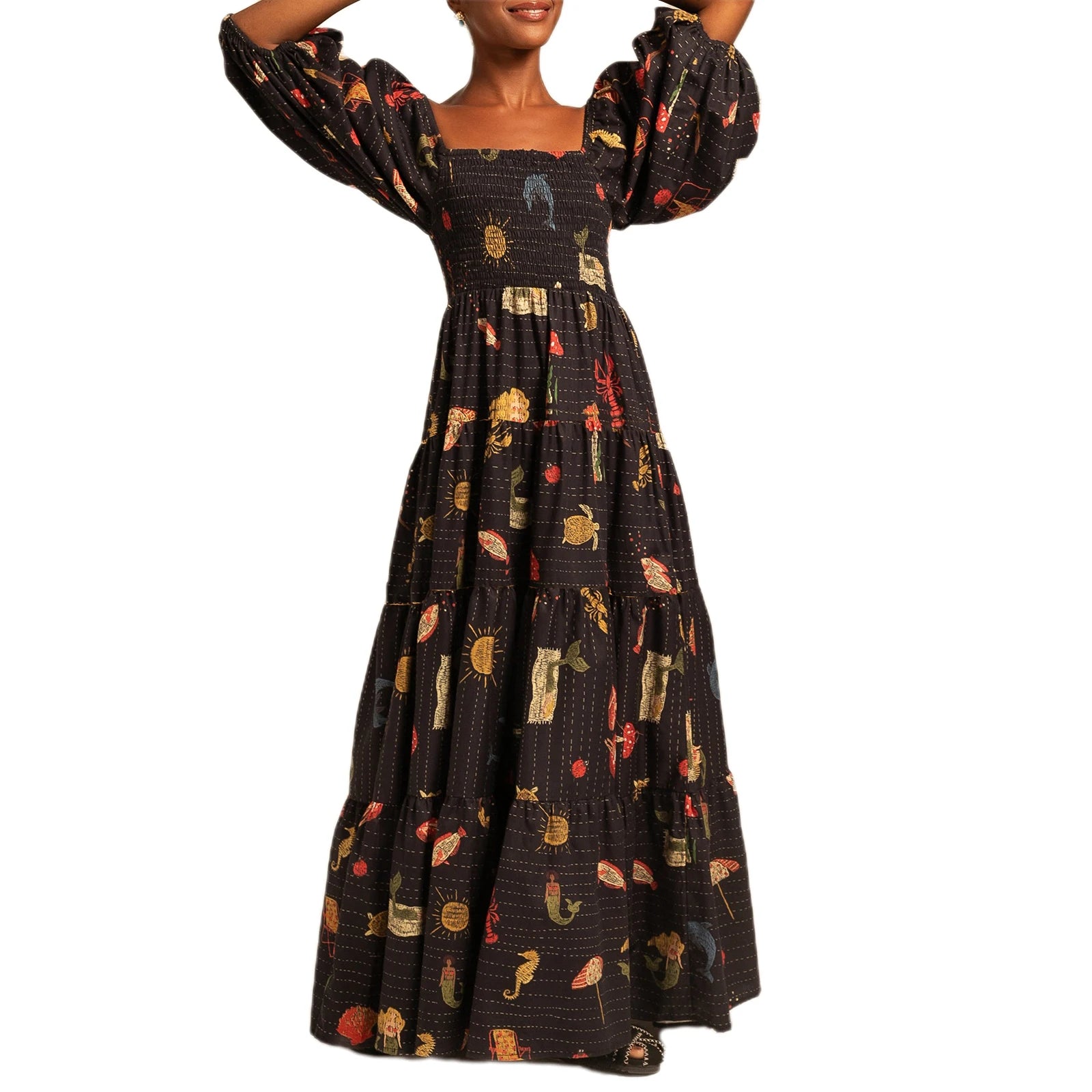 Women s Maxi Dress with Tropical Print Short Sleeve Square Neckline Summer Dress Casual A-line Beach Dress with Oceanic Design