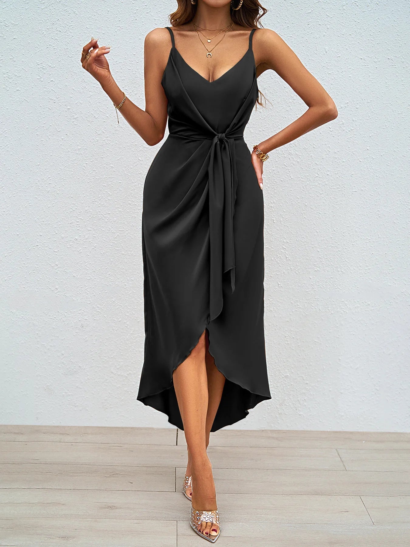 Women's Solid Color Suspenders Long Dress Sexy V-neck Backless Slim Waist Skirt 2024 Summer Beach Vacation Sling High Slit Dress
