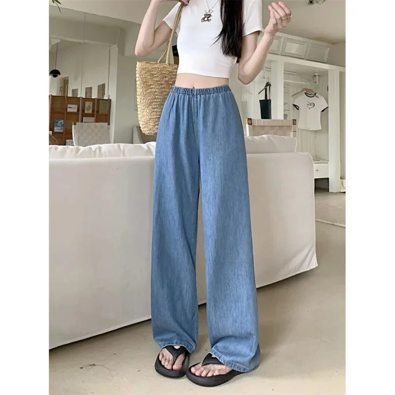 High Waist Wide Leg Thin Ice Silk Jeans Women Summer Loose Fit Large Size Straight Cut Floor Length Pants Korean Style