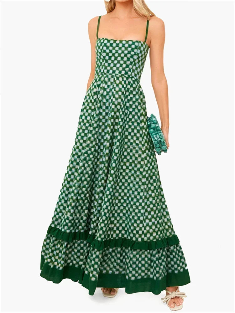 Women's Long Cami Dress Spaghetti Strap Checkerboard Print Loose Flowy Dress Summer Bohemian Holiday Party Elegant Dresses