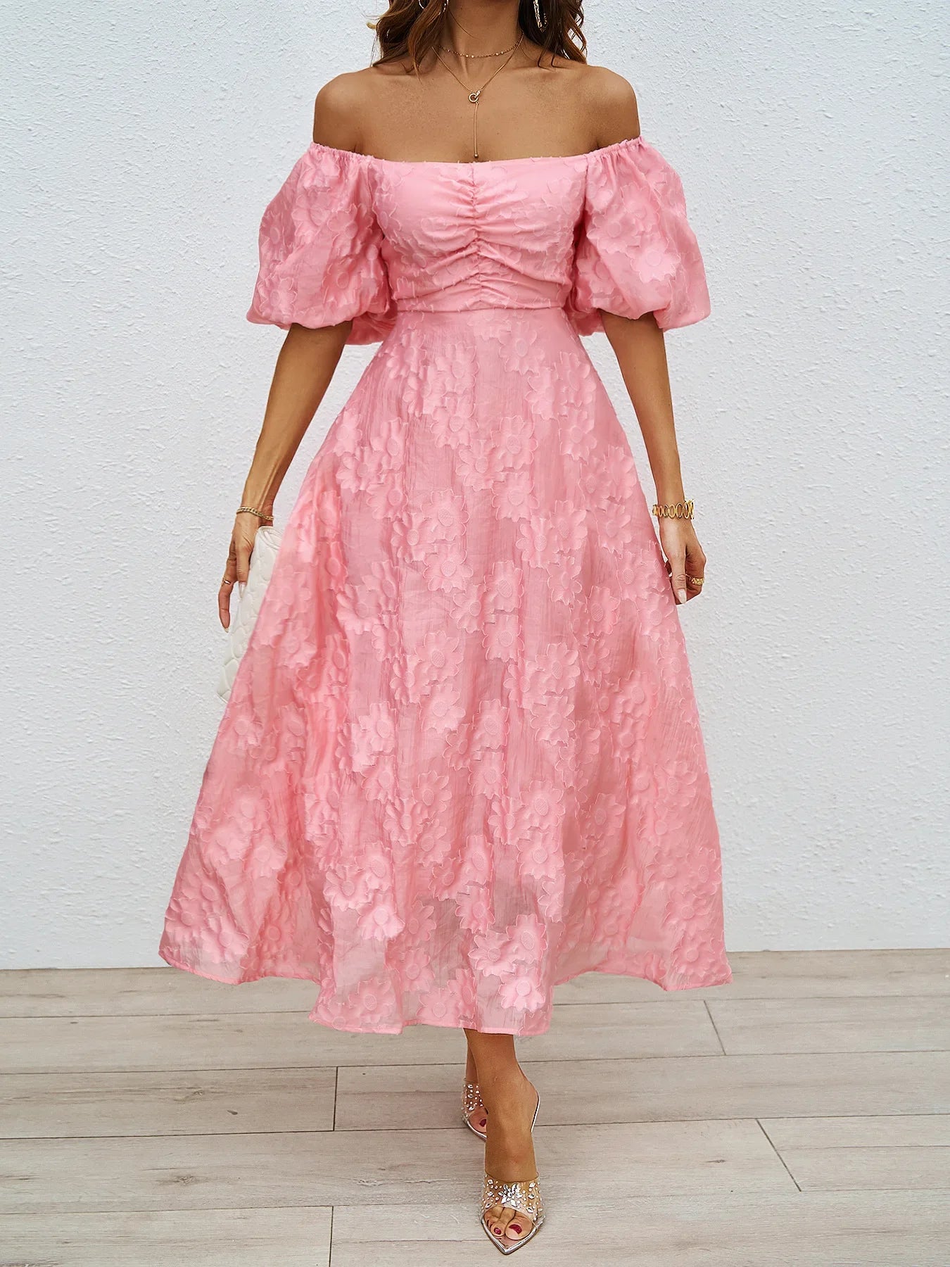 Women's Dress Summer New French Puffy Long Skirt with Bubble Sleeves and Waist Style Dress,jacquard,to Win Over,2025 New