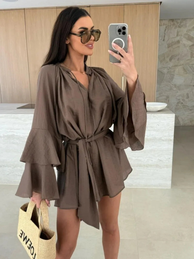 Sexy Deep V Lace Up Solid Color Women's Dress Spring Summer Ruffle Loose Mini Dress Casual Flare Sleeve Holiday Dresses Vestidos