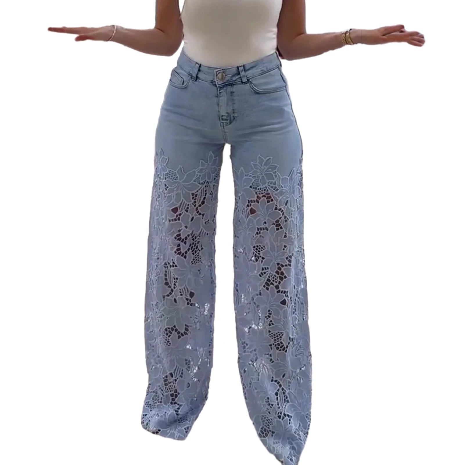 Y2k Hollow Out Flower Jean Women Pants Loose Zipper Pocket Button Straight Leg Trousers 2025 Summer Elagant Street Lady Outwear