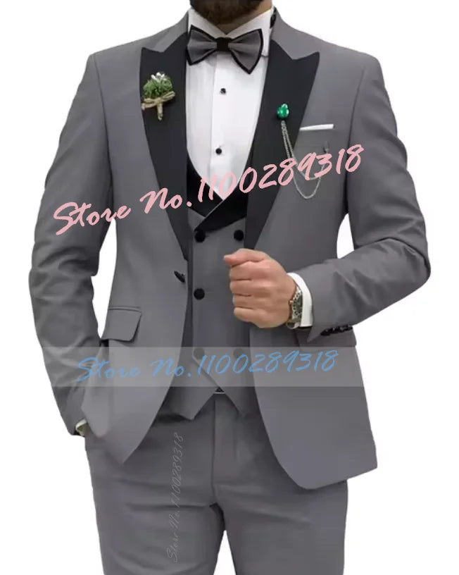 Beige Business Men Suits Costume Homme Slim Fit 3 Piece Double Breasted Suit Men Wedding Prom Party Business(Blazer+Vest+Pants)
