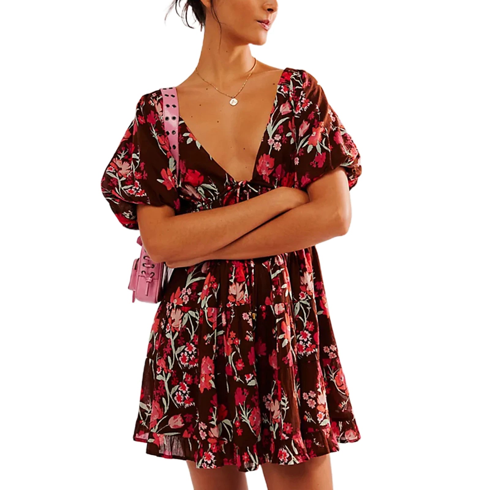 Women Mini Dress Floral Print Tie-Up Front Short Sleeve Dress Summer Casual A-line Dress